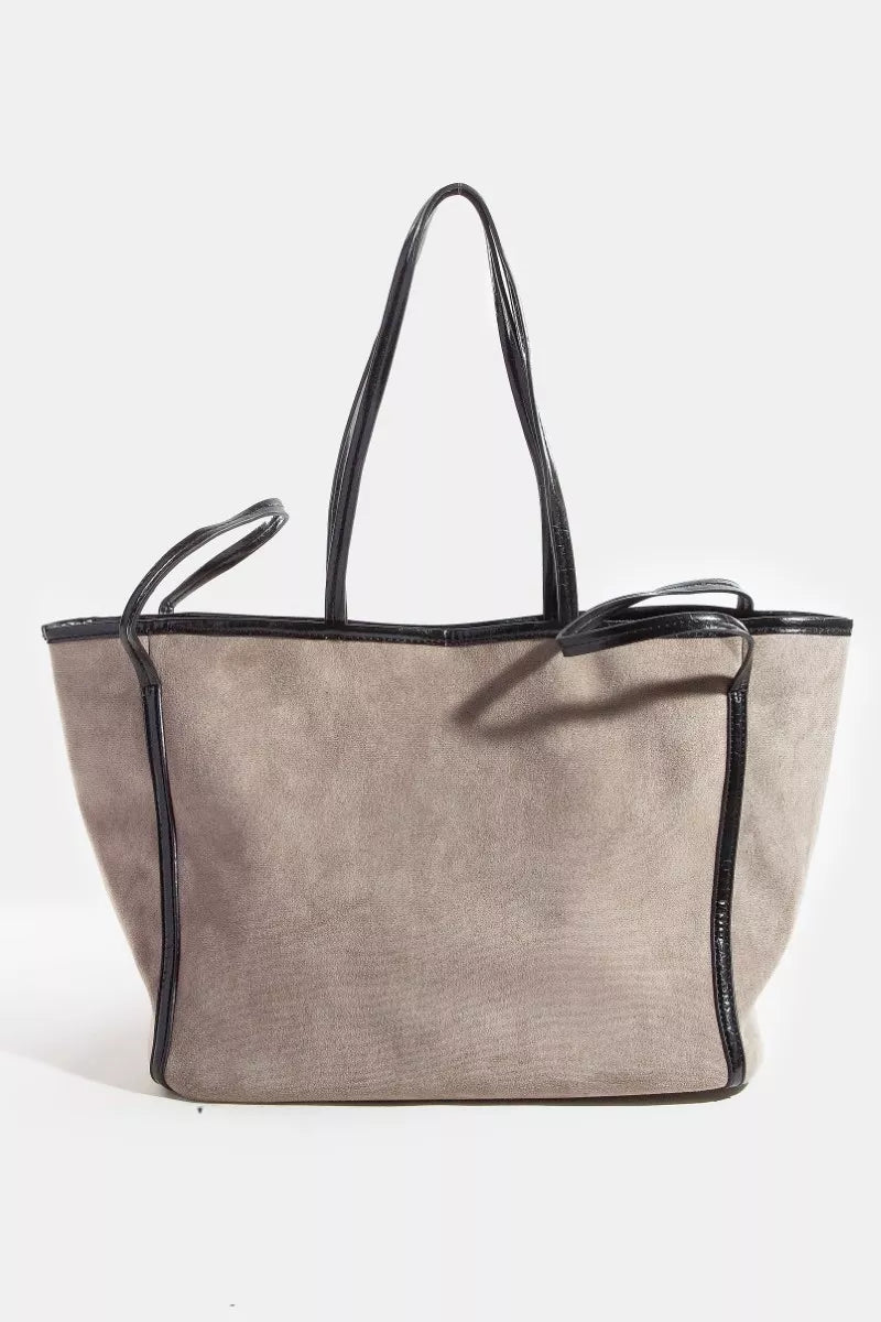 Fame Suede Tote Faux Leather Trim Shoulder Strap - Trendsi