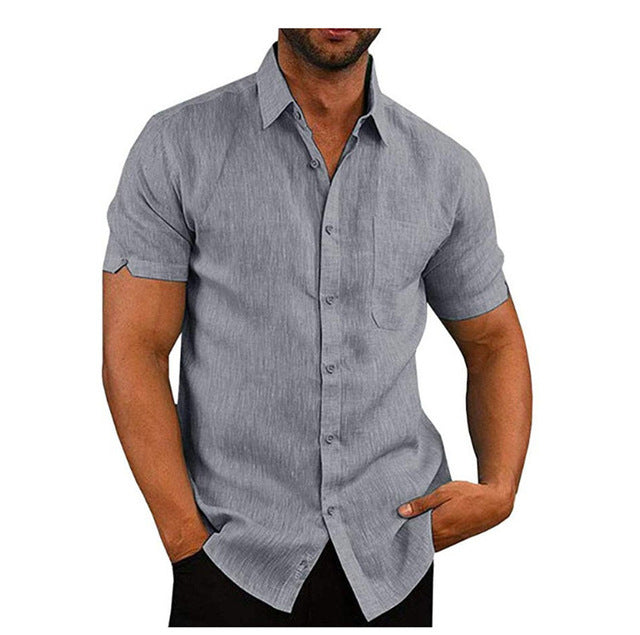 Man wearing a gray short sleeve summer solid shirt casual loose top tee