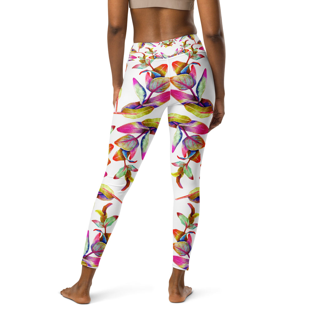 Women's high-waist yoga leggings featuring a vibrant floral print on a white background. Soft, stretchy, and perfect for workouts, yoga, and activewear fashion