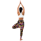 Woman wearing high-waist yoga leggings with a vibrant floral print on a black background, performing a tree pose in a white sports bra. Designed for comfort, flexibility, and activewear fashion.