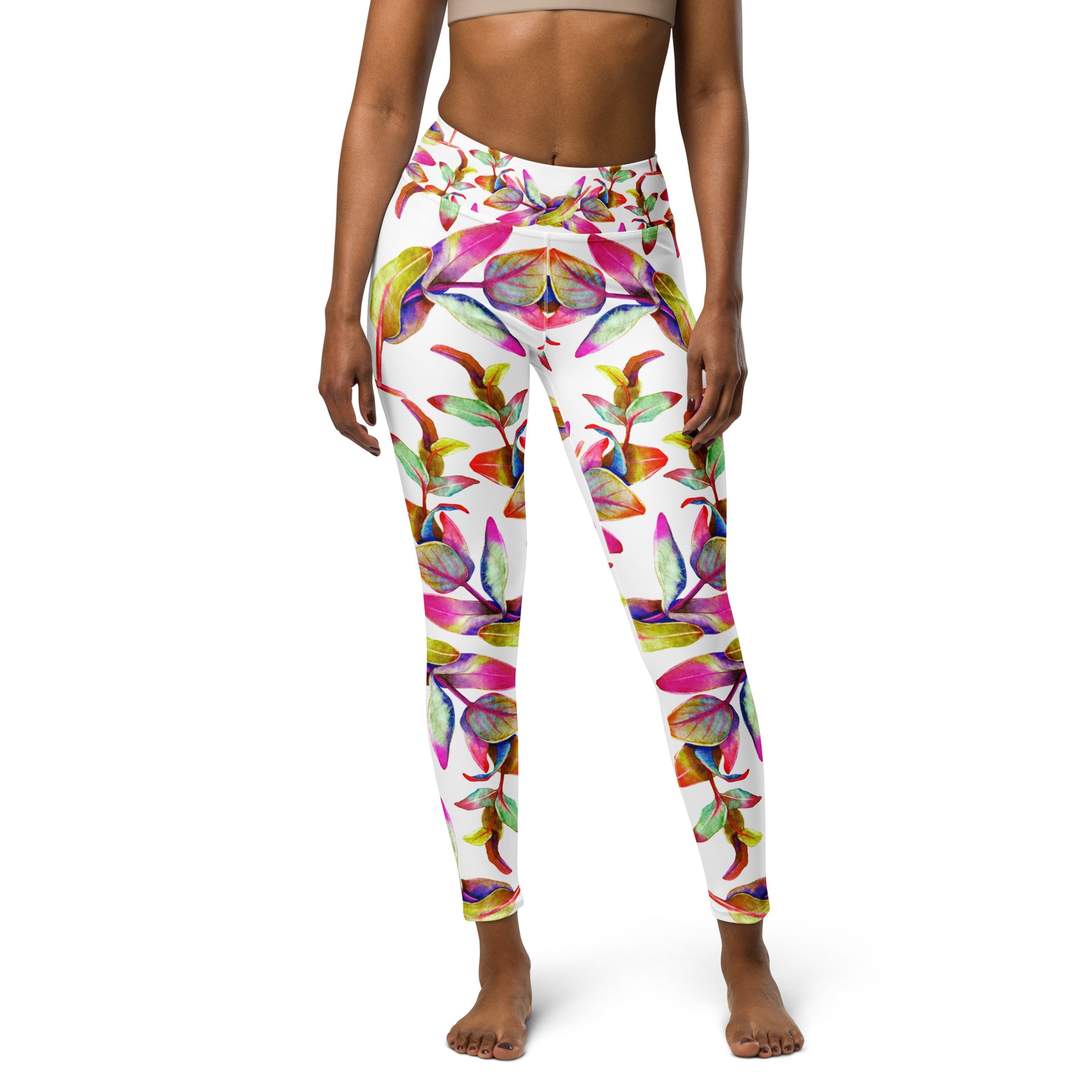 Women's high-waist yoga leggings featuring a vibrant floral print on a white background. Soft, stretchy, and perfect for workouts, yoga, and activewear fashion