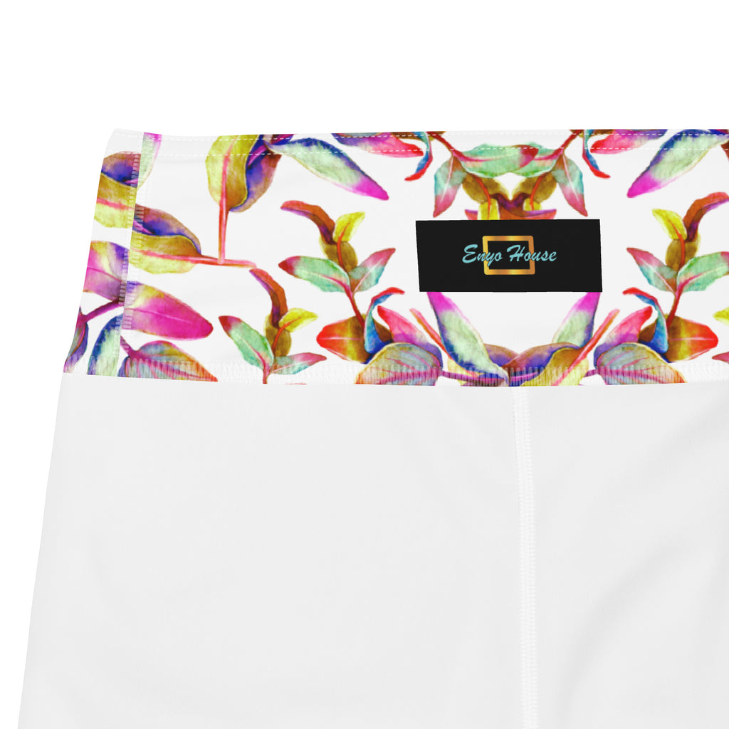 Women's high-waist yoga leggings featuring a vibrant floral print on a white background with Enyohouse logo. Soft, stretchy, and perfect for workouts, yoga, and activewear fashion