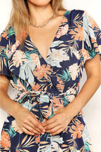 Honey Botanical Print Surplice Neck Tie Waist Romper - Trendsi