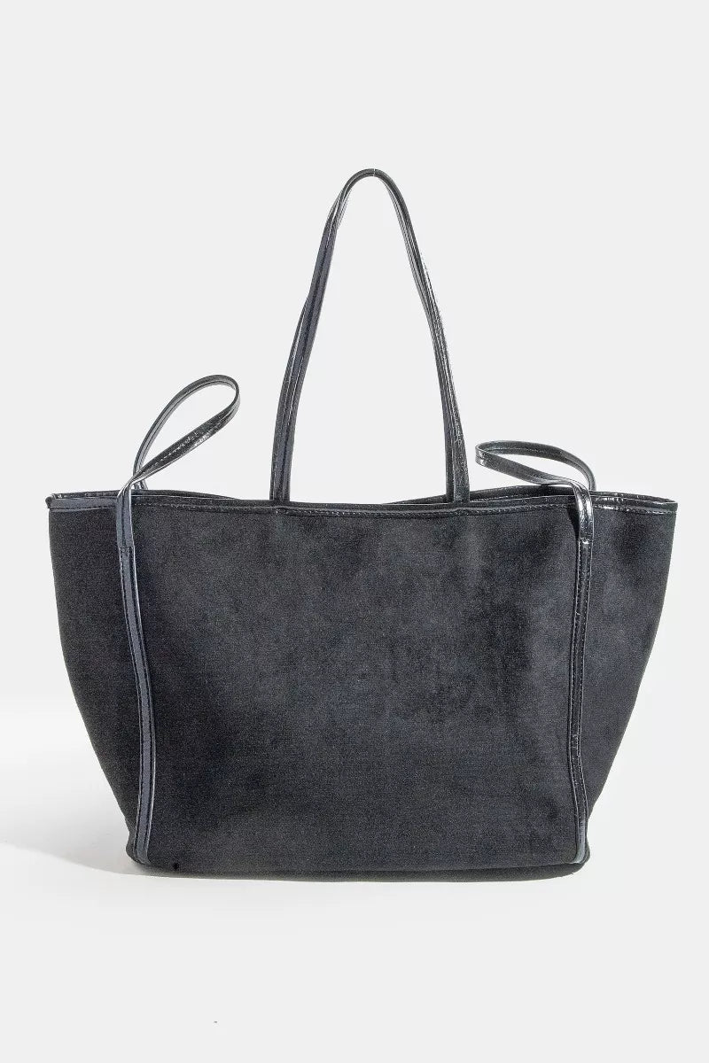 Fame Suede Tote Faux Leather Trim Shoulder Strap - Trendsi