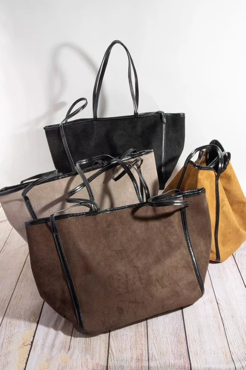 Fame Suede Tote Faux Leather Trim Shoulder Strap - Trendsi