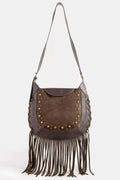 Fame Rivet Trim Suede Fringe Shoulder Bag - Trendsi