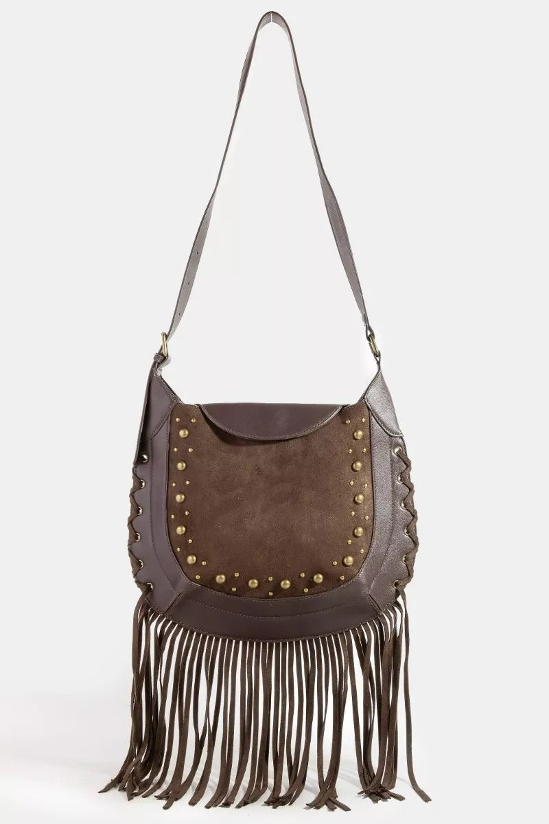 Fame Rivet Trim Suede Fringe Shoulder Bag - Trendsi