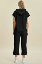 Double Take Full Size Texture Drawstring Short Sleeve Hoodie and Pocketed Pants Set - Trendsi