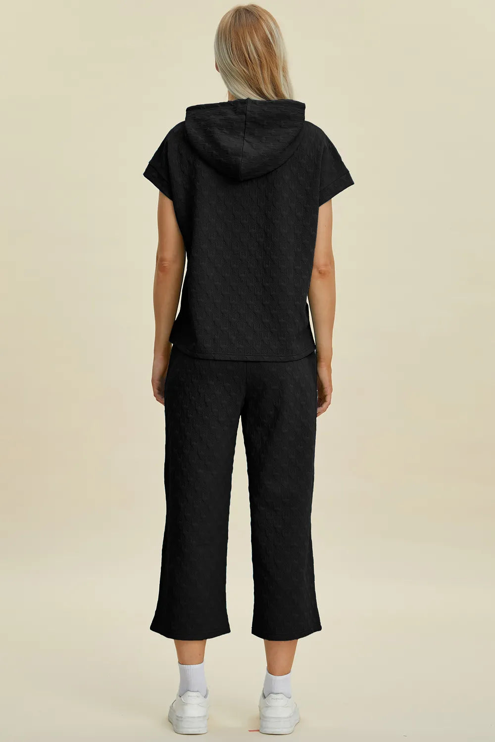 Double Take Full Size Texture Drawstring Short Sleeve Hoodie and Pocketed Pants Set - Trendsi