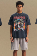 Model wearing Men’s Graphic Round Neck Half Sleeve T-Shirt with vintage print, front view.