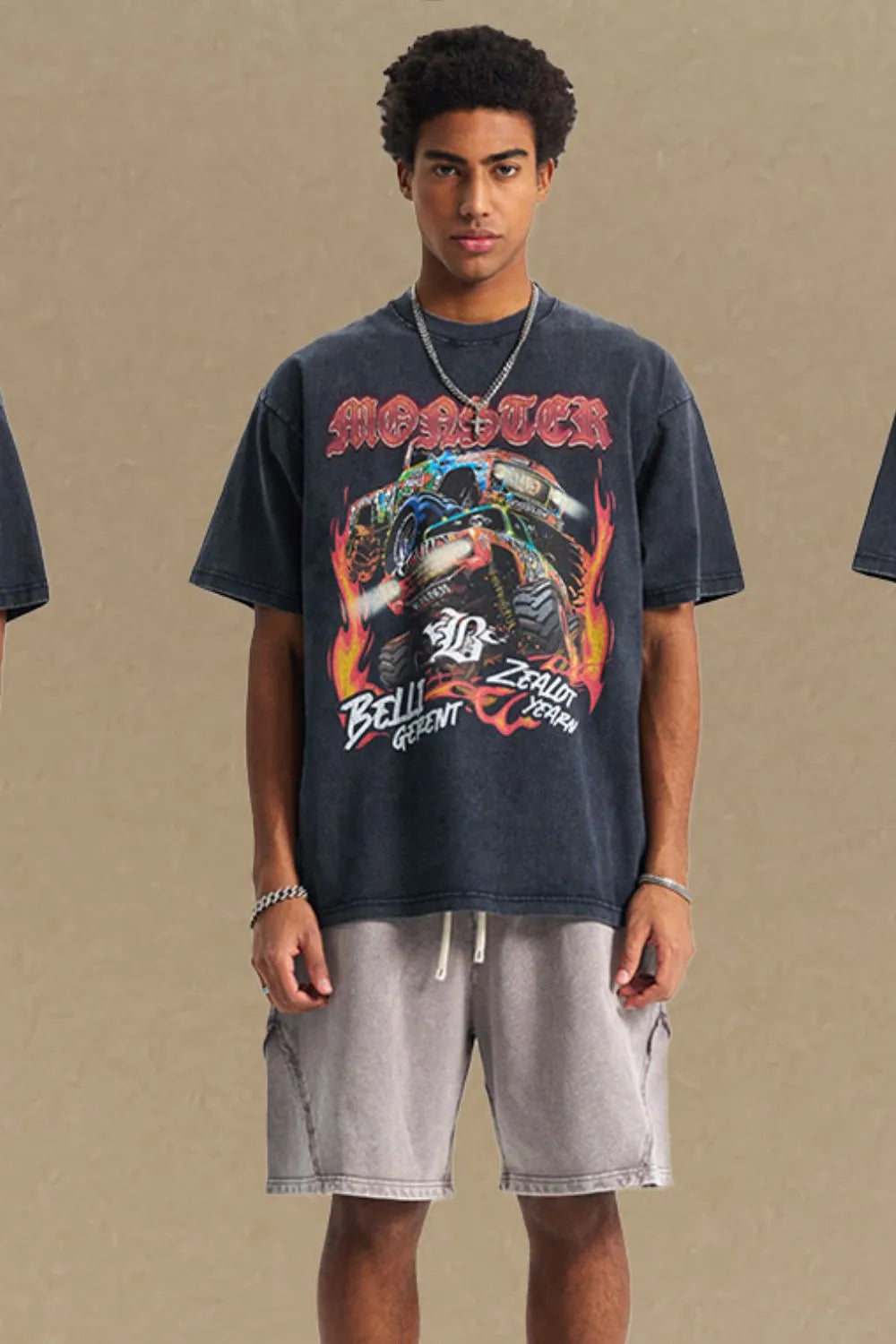 Model wearing Men’s Graphic Round Neck Half Sleeve T-Shirt with vintage print, front view.