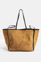 Fame Suede Tote Faux Leather Trim Shoulder Strap - Trendsi
