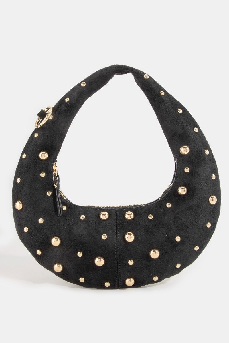 Fame Dome Studded Chrome Crescent Hand Bag - Trendsi