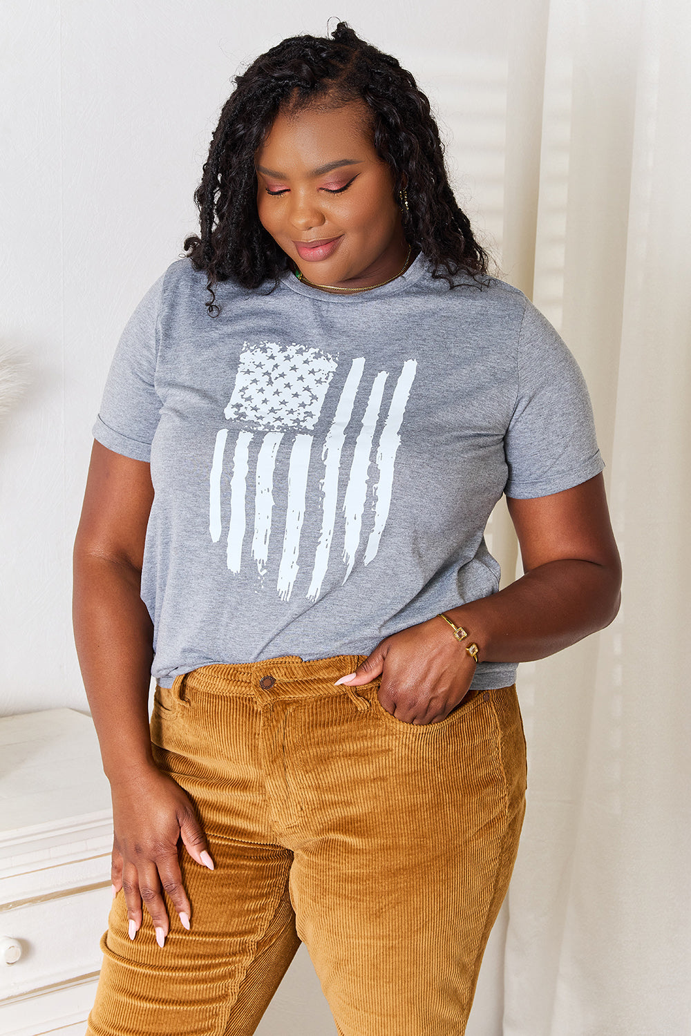 Simply Love US Flag Graphic Cuffed Sleeve T-Shirt - Trendsi