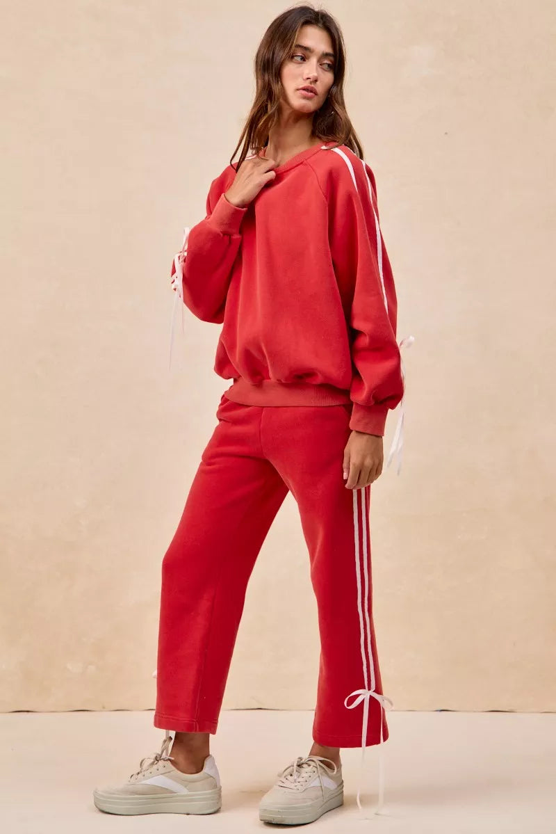 BiBi Side Lined Bow Details Fleece Sweatpants - Trendsi