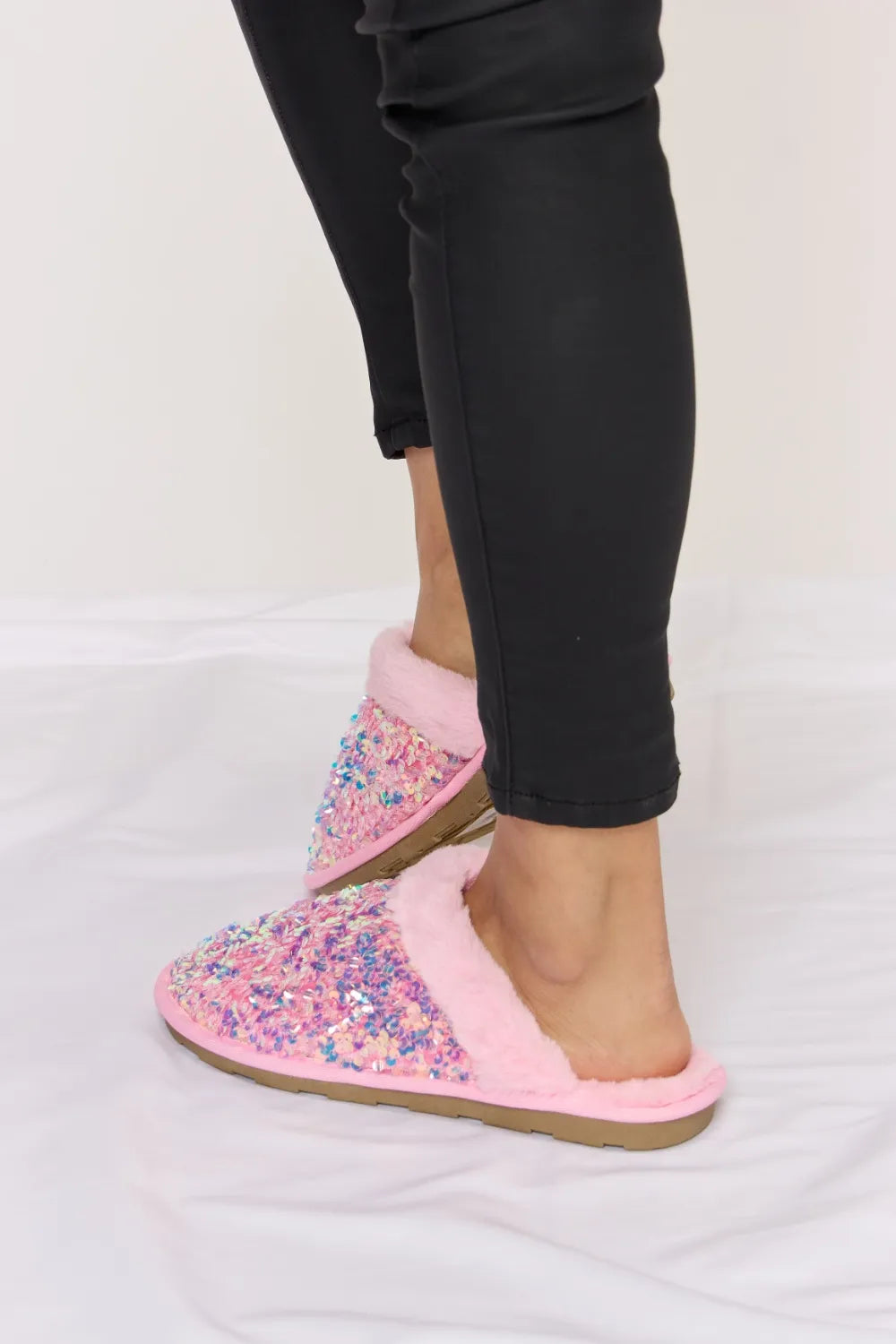 Forever Link Sequin Plush Round Toe Slippers - Trendsi
