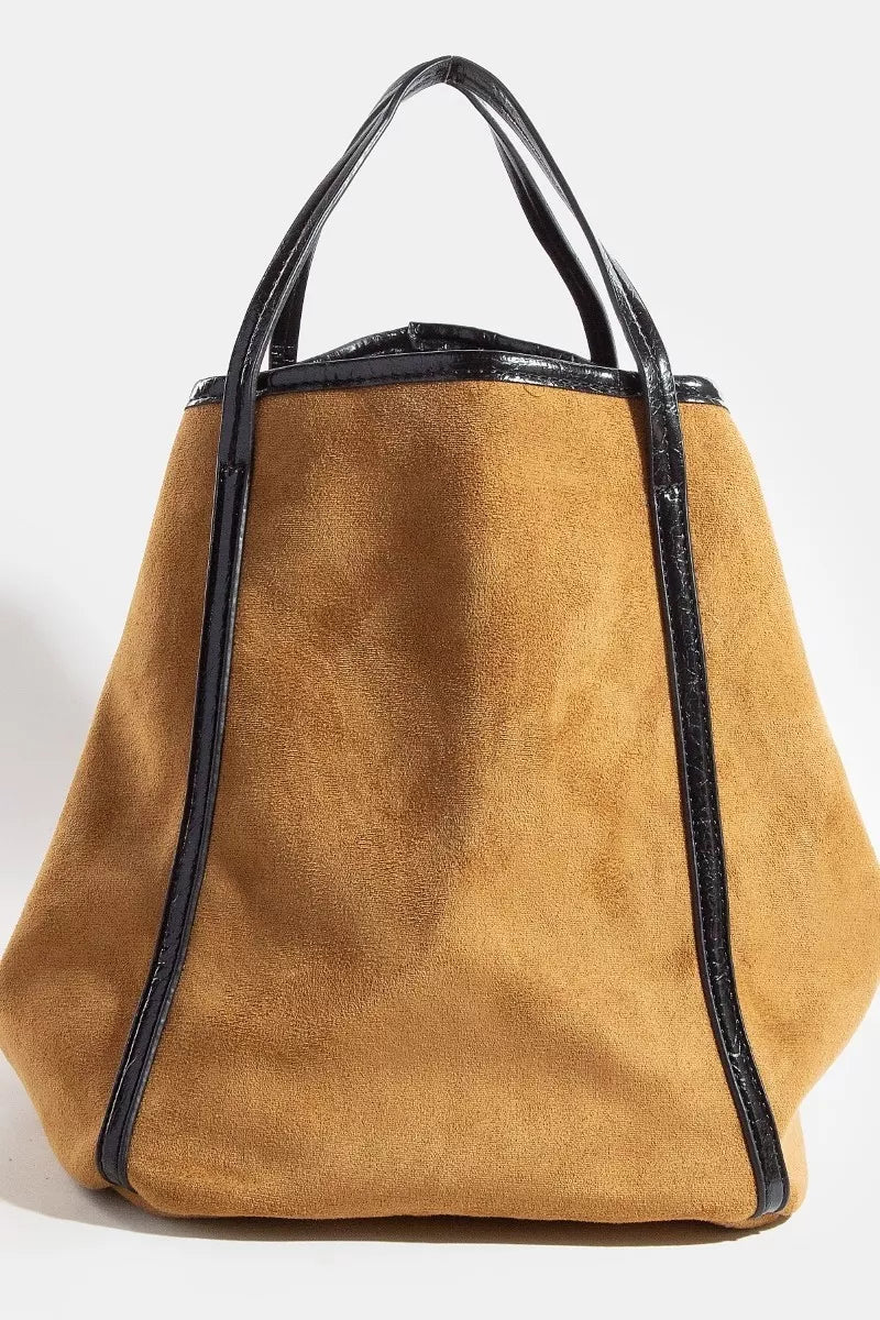 Fame Suede Tote Faux Leather Trim Shoulder Strap - Trendsi