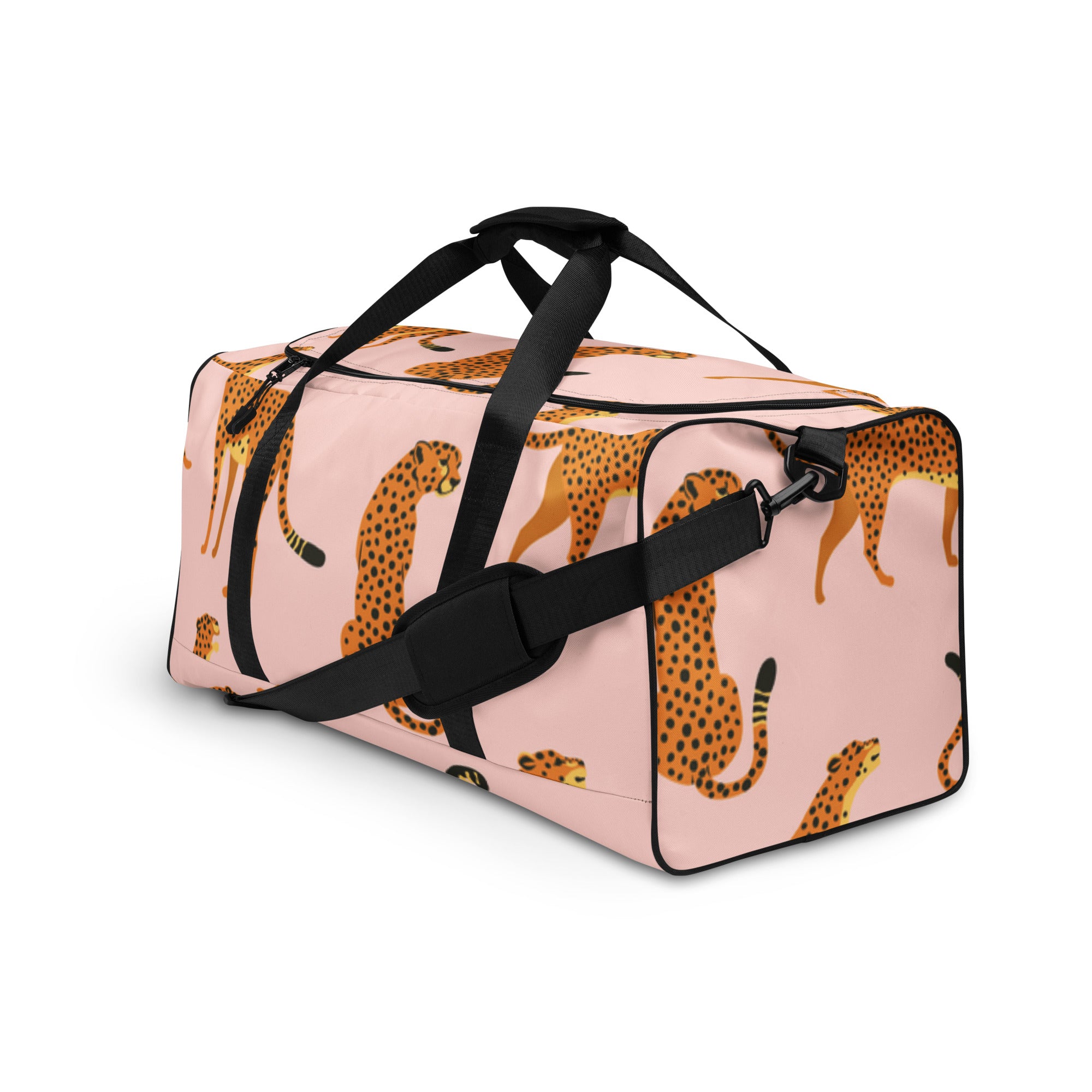 pink cheetah-print duffle bag with mesh side pocket and black straps