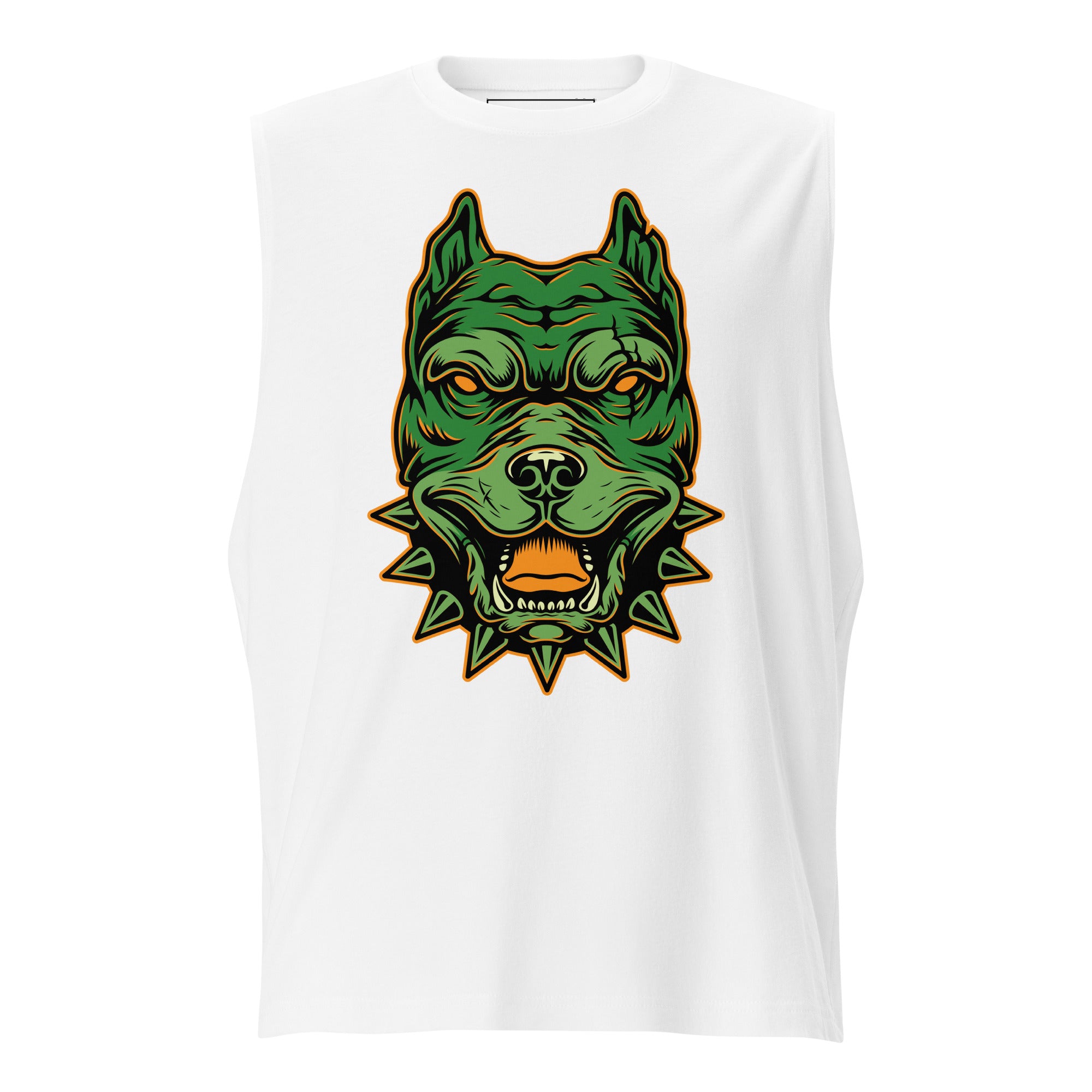 sleeveless tank with fierce dog illustration.