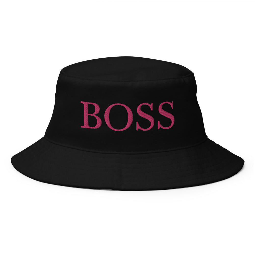 Boss letters in pink Embroidery on a black bucket hat