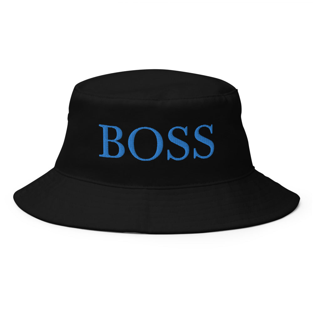 Boss letters in blue Embroidery on a black bucket hat