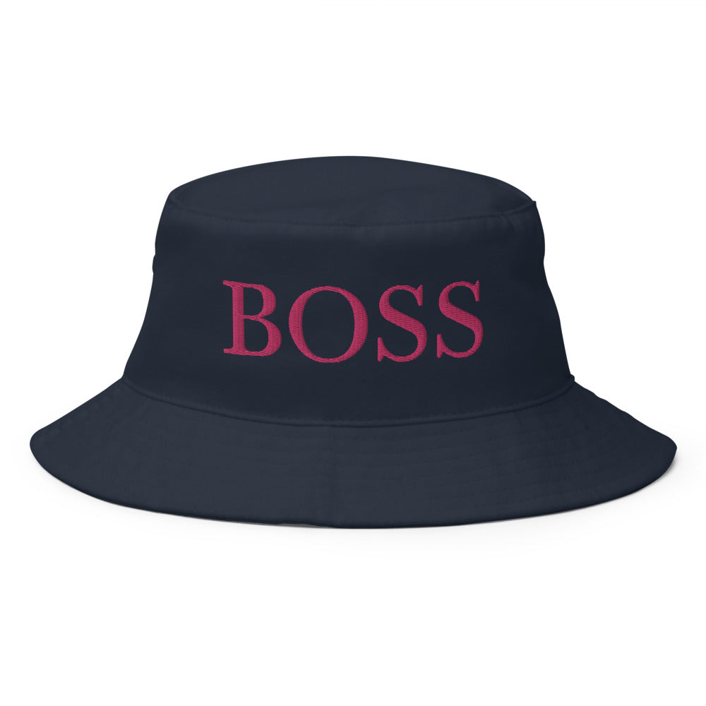 Boss letters in pink Embroidery on a navy bucket hat