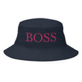 Boss letters in pink Embroidery on a navy bucket hat