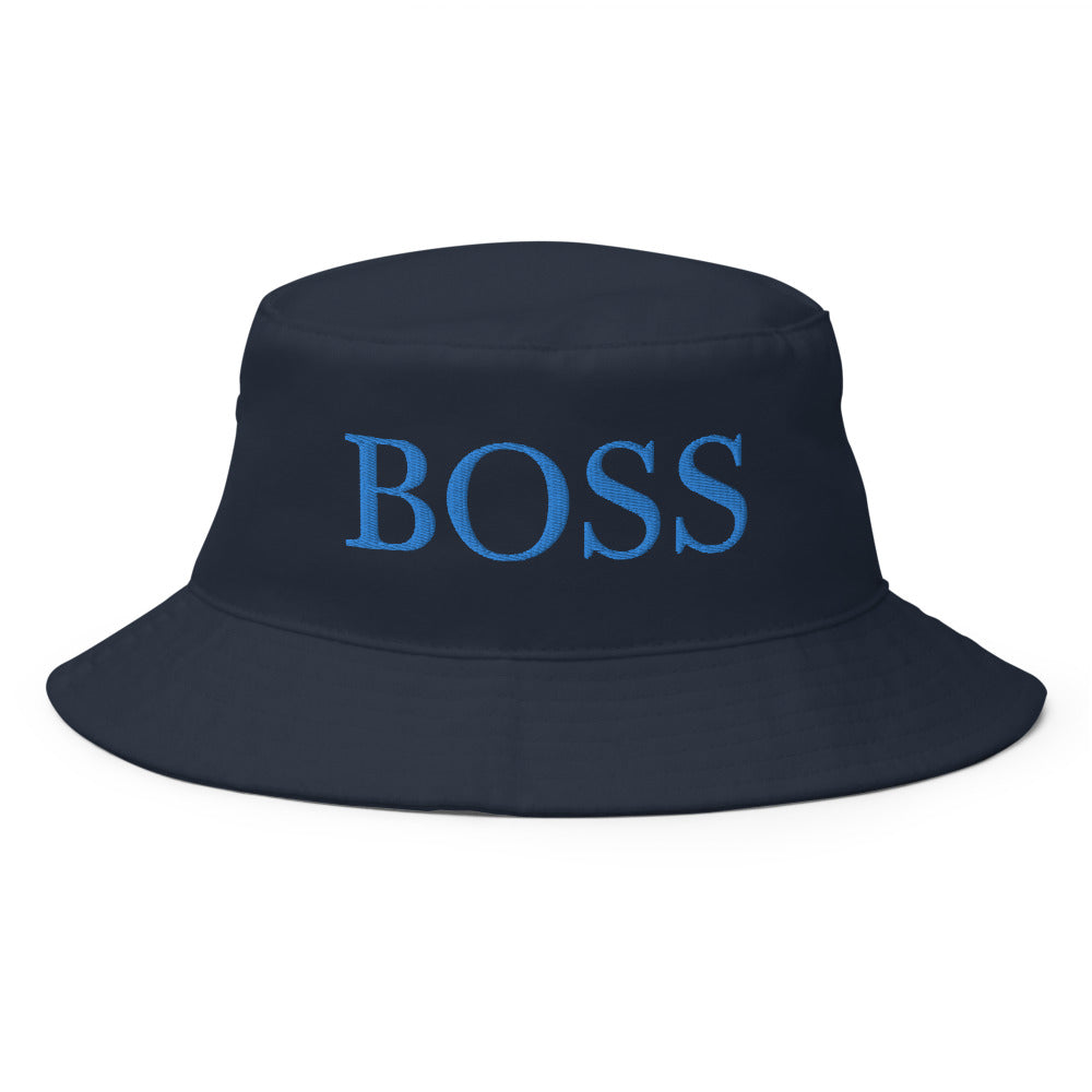 Boss letters in blue Embroidery on a navy bucket hat