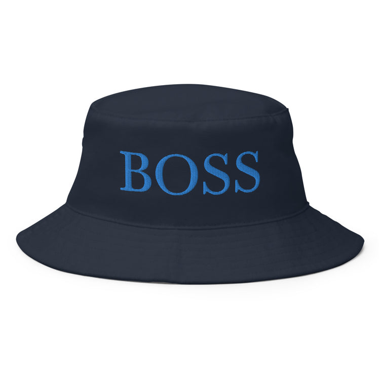 Boss letters in blue Embroidery on a navy bucket hat