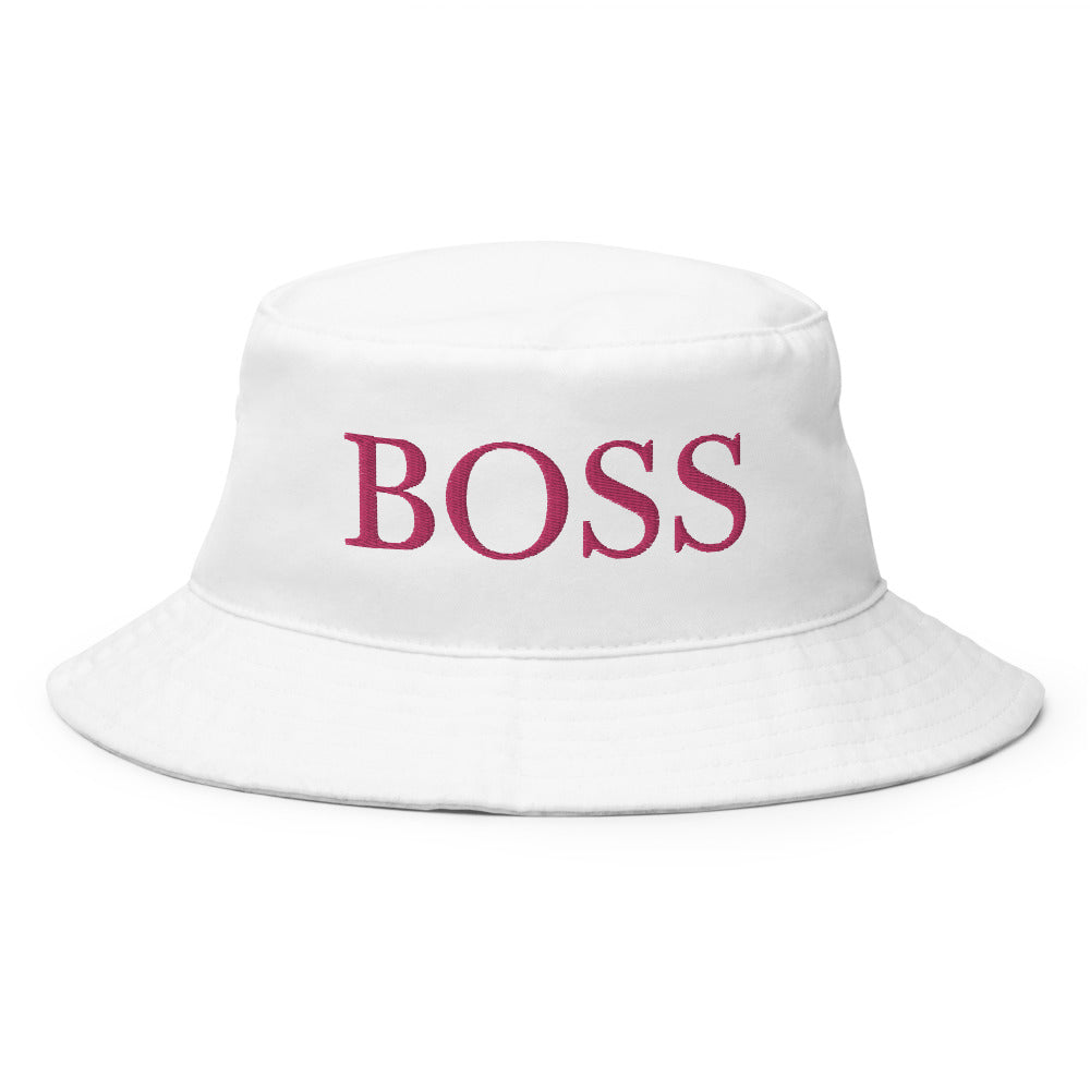 Boss letters in pink Embroidery on a white bucket hat