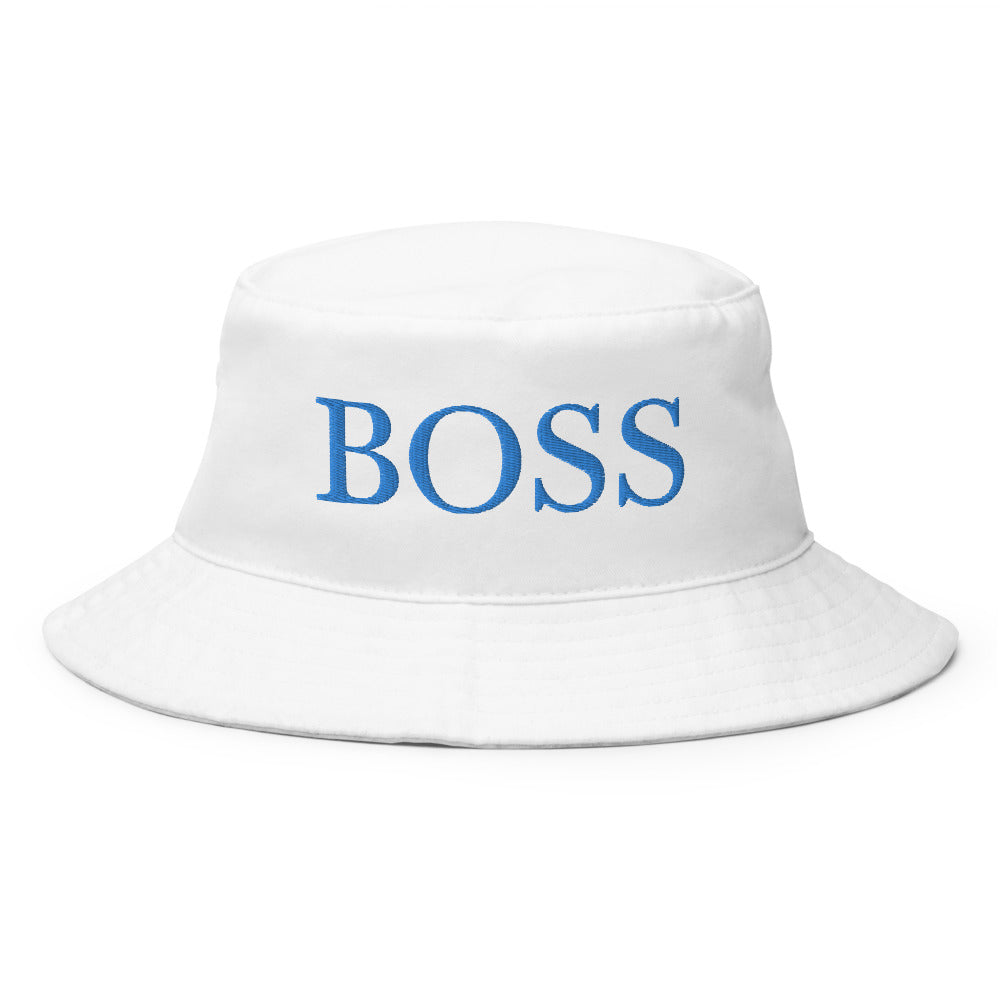 Boss letters in blue Embroidery on a white bucket hat