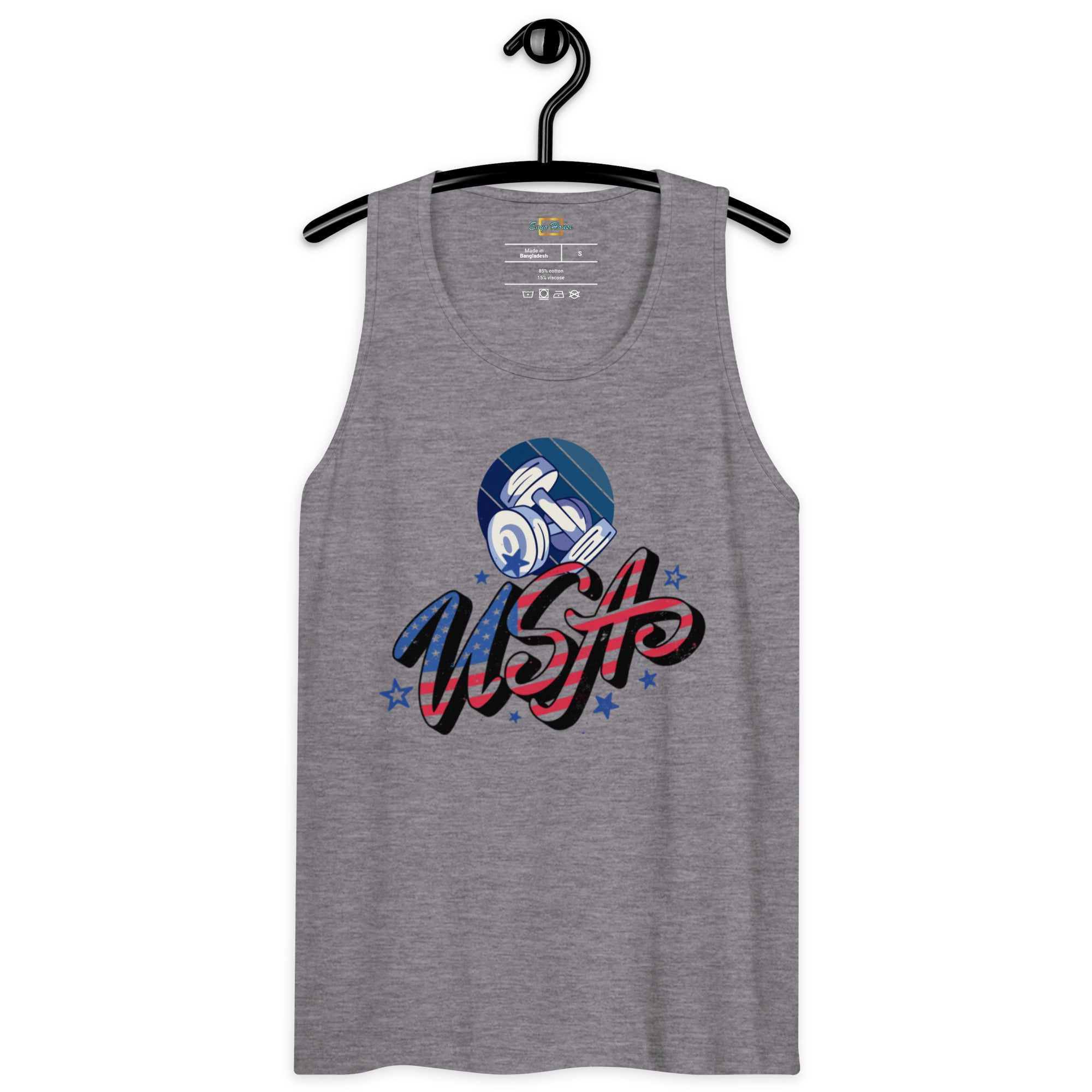USA and dumbel logo on Athletic Heather tank top