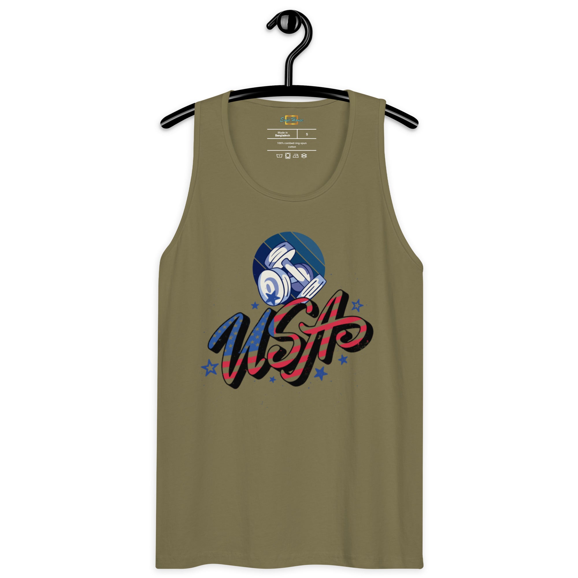 USA and dumbel logo on a military green tank top