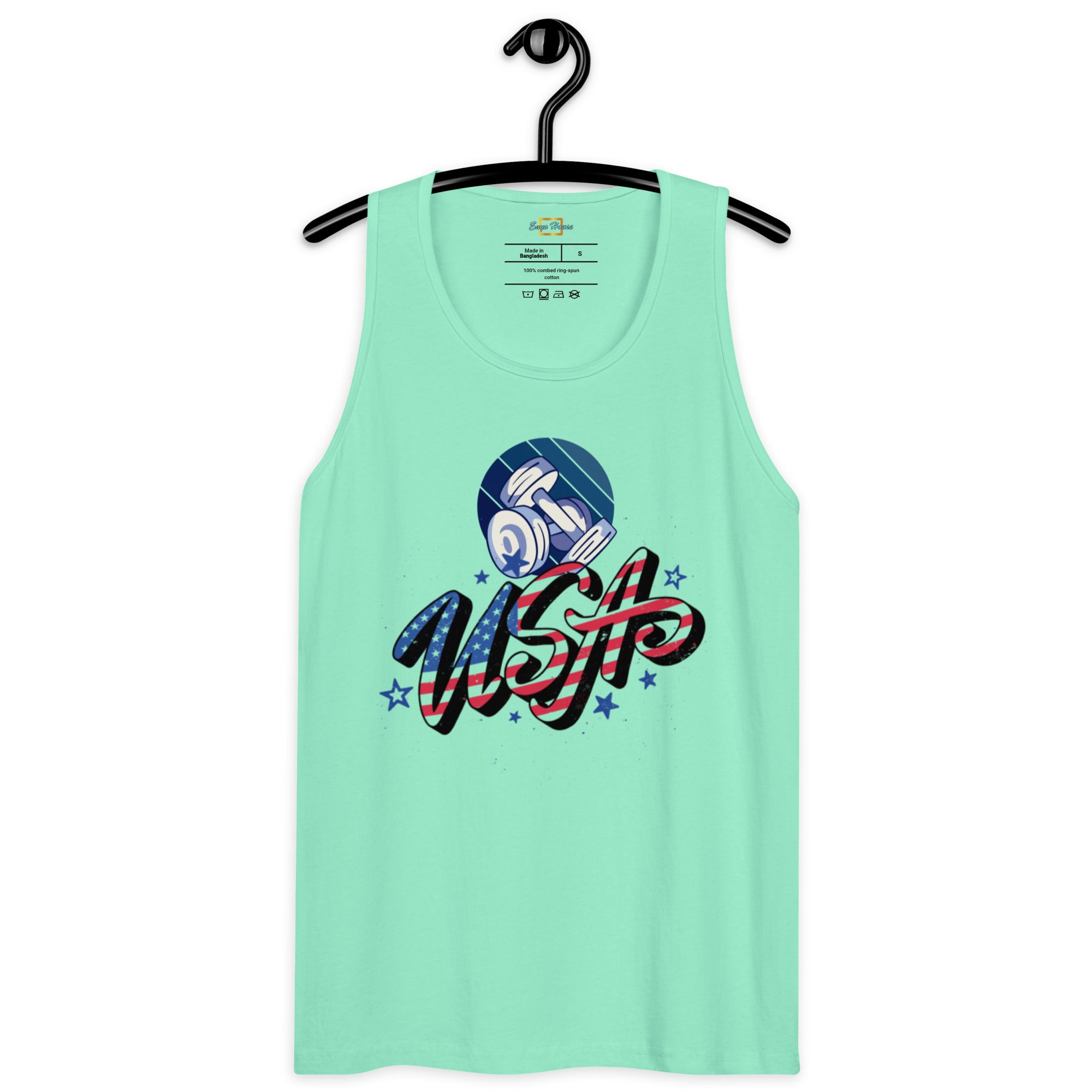 USA and dumbel logo on a mint tank top