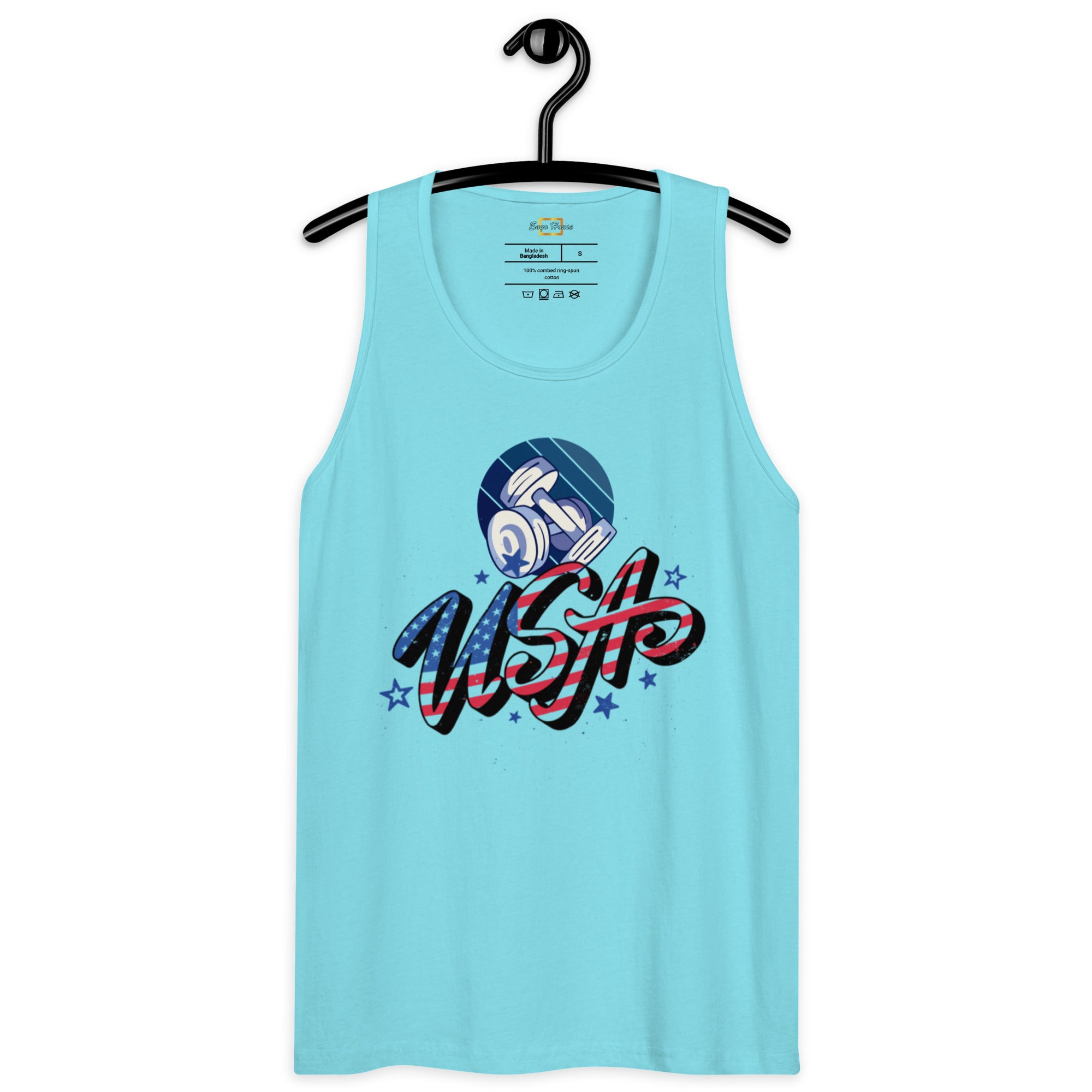 USA and dumbel logo on a blue tank top