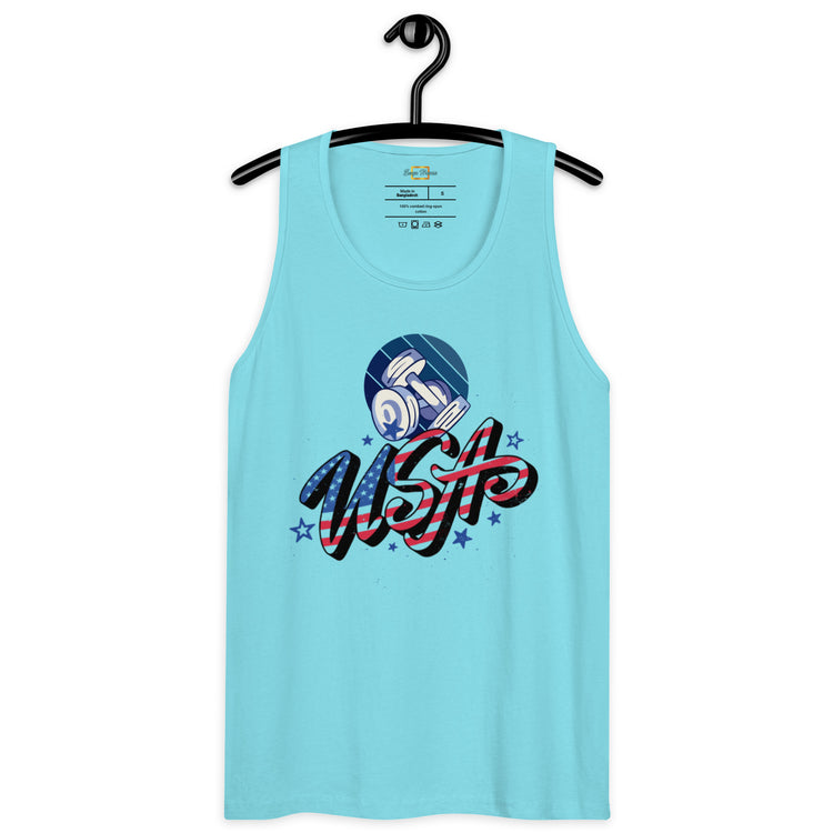 USA and dumbel logo on a blue tank top