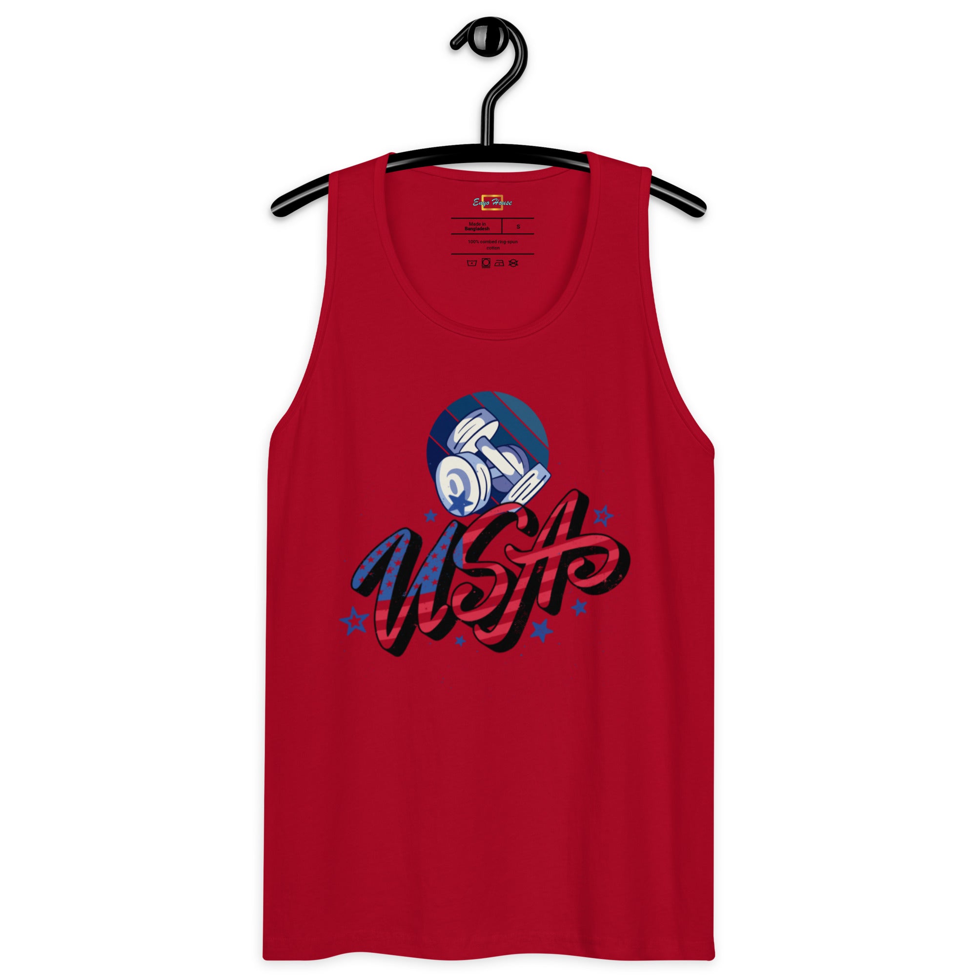 USA and dumbel logo on a red tank top
