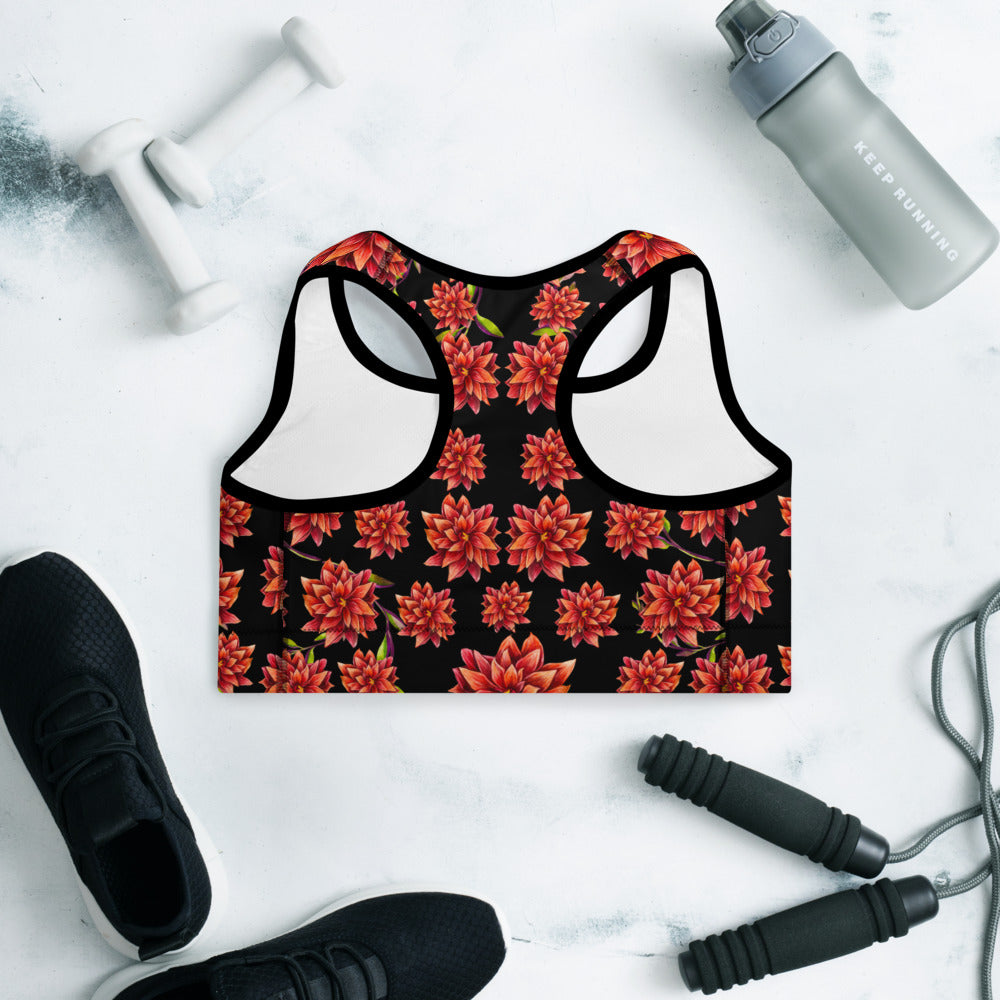 Red Flowers Padded Sports Bra
