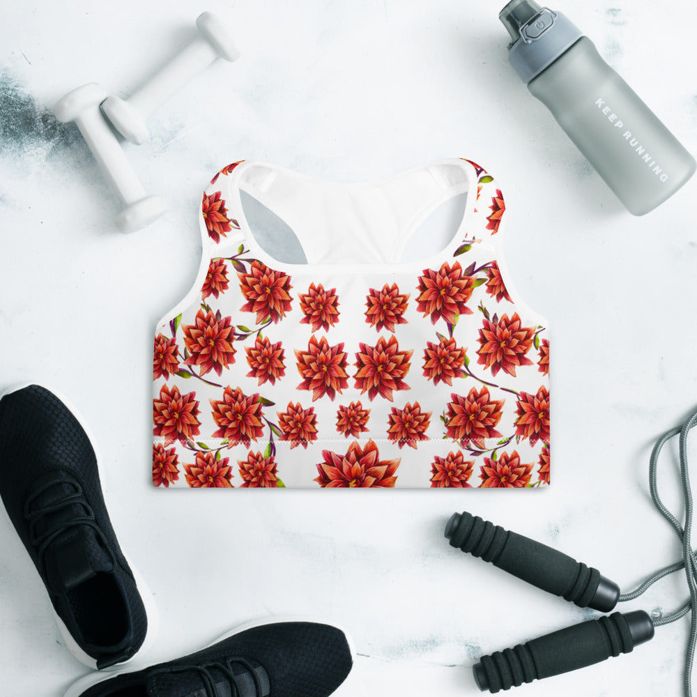 Red Flowers Padded Sports Bra