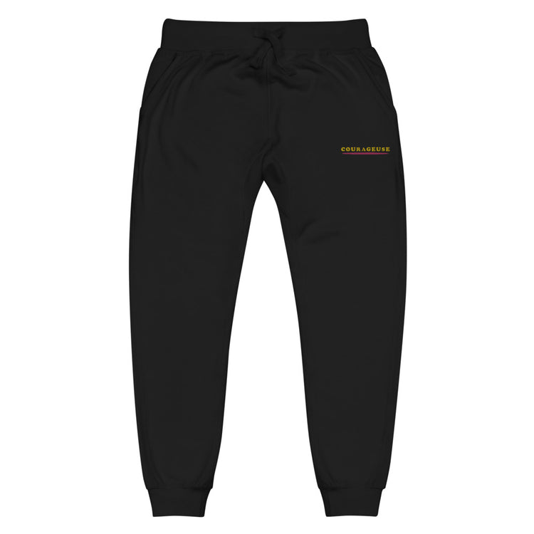 courageuse embroidery on black sweatpants 
