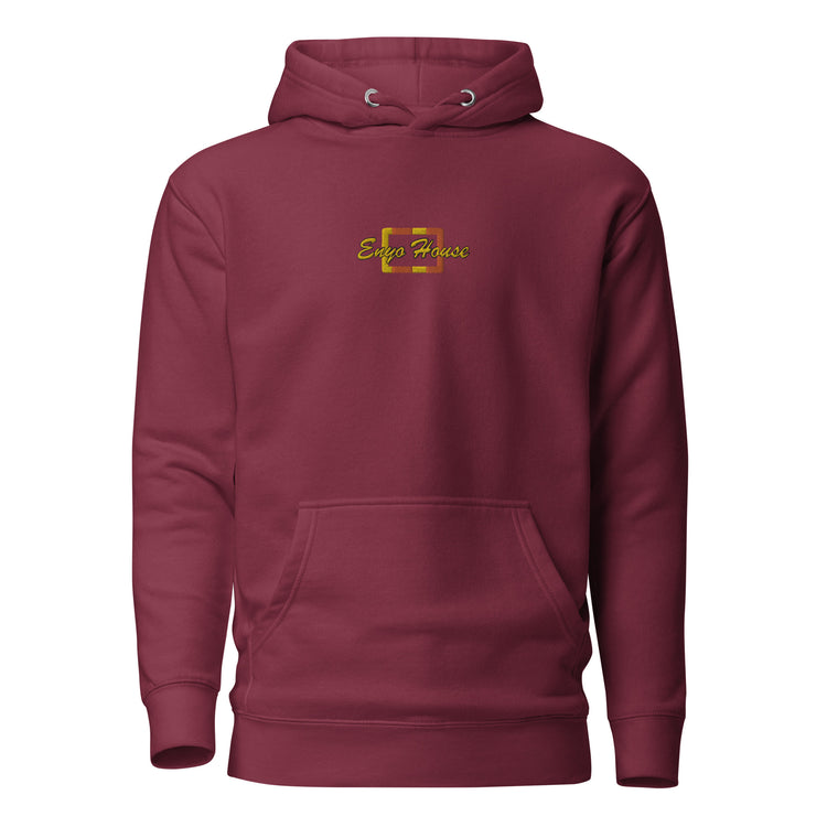 Enyohouse brand embroidery on a women maroon hoodie