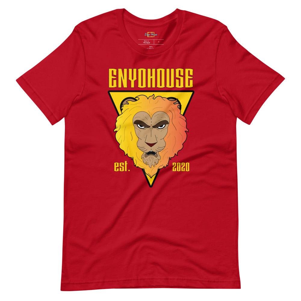 Eye-catching red shirt with a vibrant animated lion design and "enyohouse" in yellow, a must-have for trendsetters.