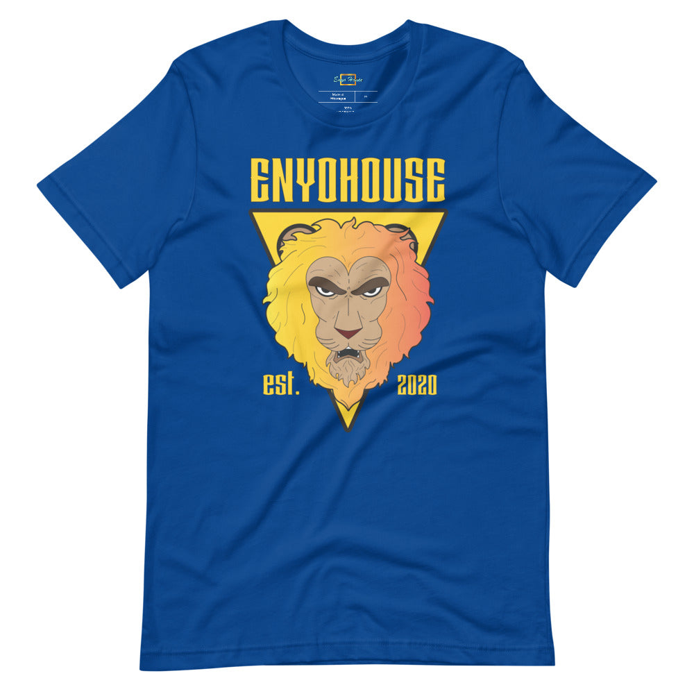 Eye-catching Blue shirt with a vibrant animated lion design and "enyohouse" in yellow, a must-have for trendsetters.