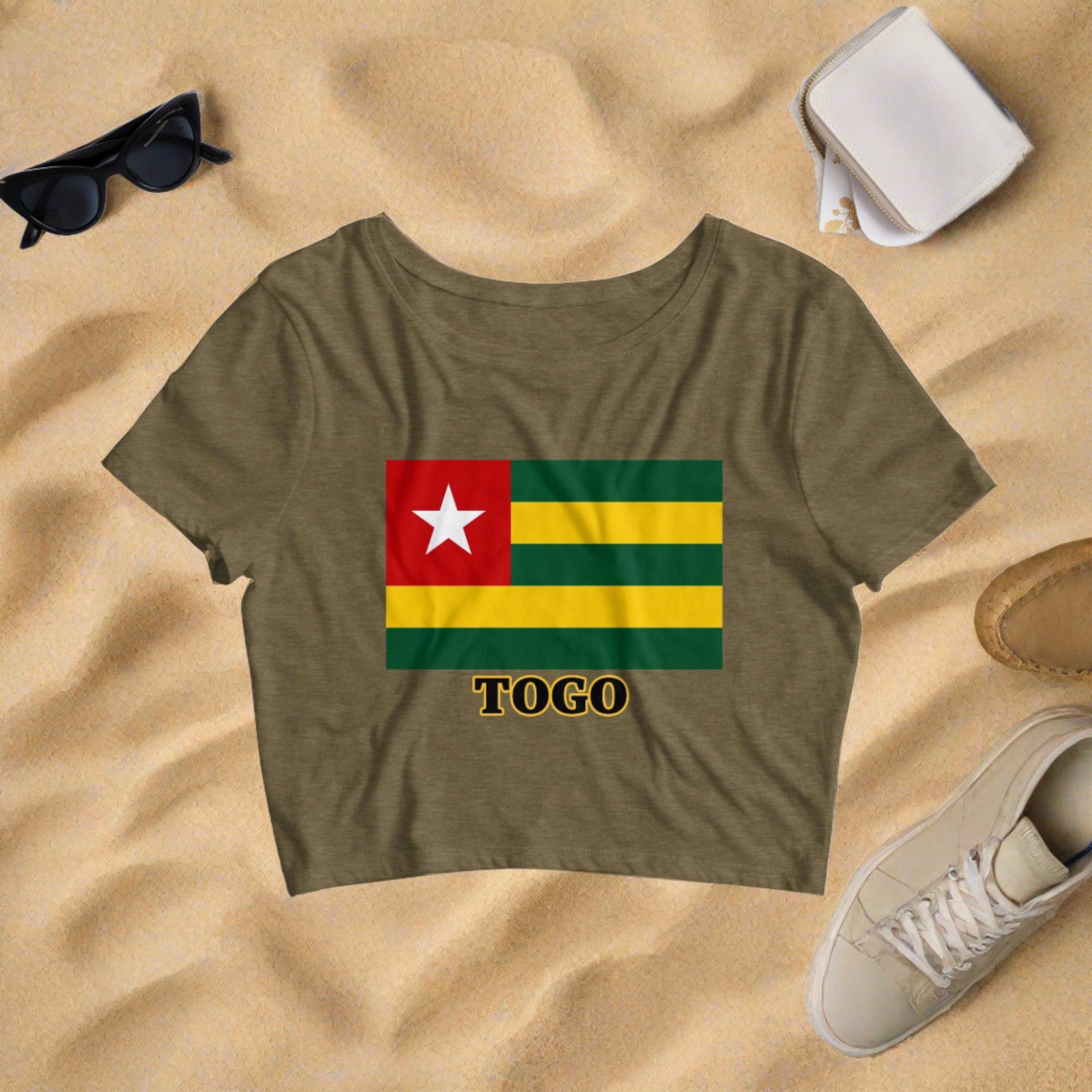 Togo flag on a heather olive crop shirt